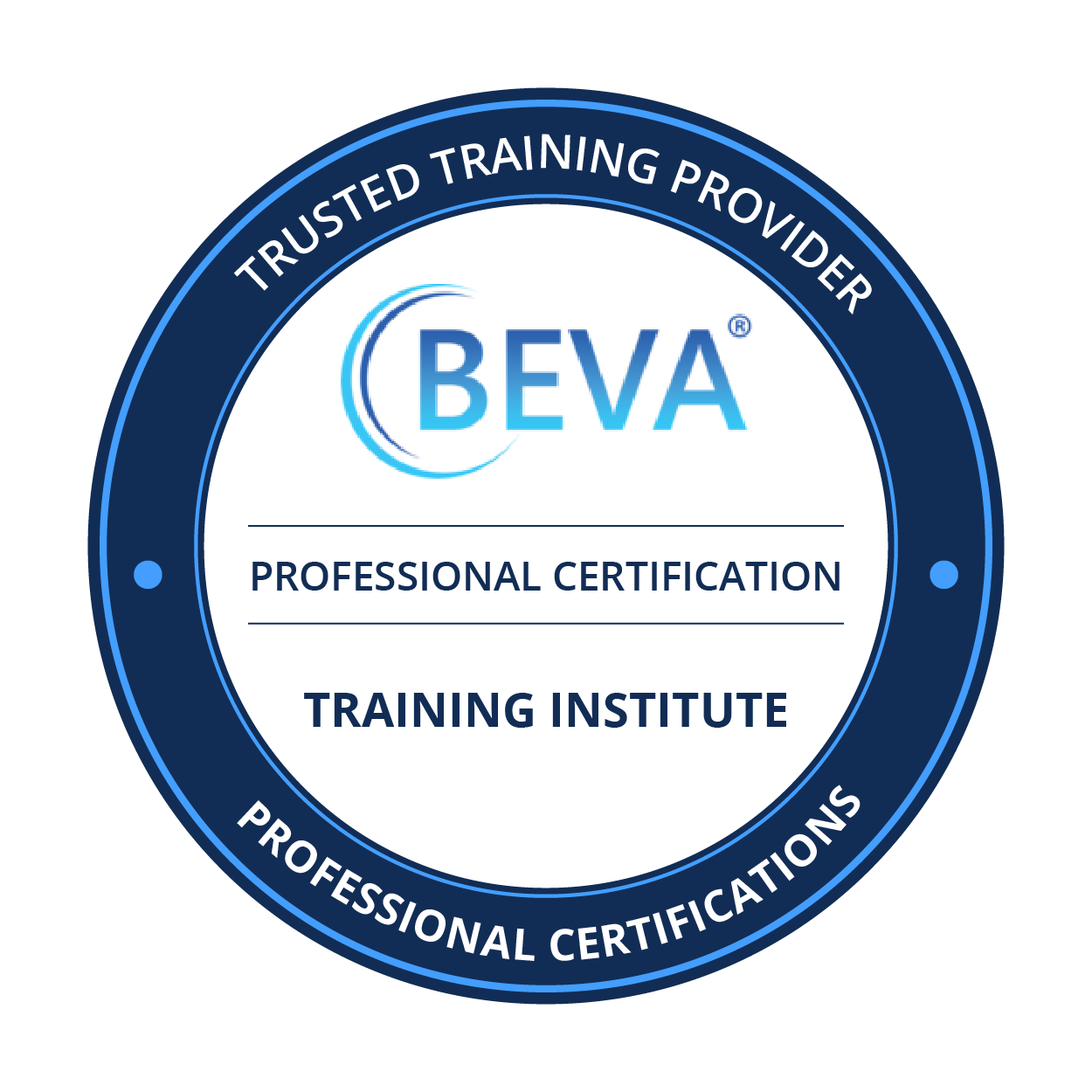 Circular blue and white BEVA badge with text: Professional Certification and Trusted Training Provider.