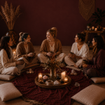Five women sit on cushions in a circle, holding mugs, with candles and decorative items arranged around them.